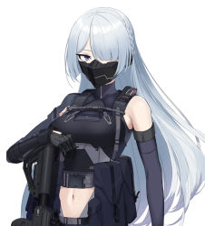 Rule 34 | 1girl, ak-15, ak-15 (girls&#039; frontline), assault rifle, black gloves, braid, breasts, clothing cutout, covered mouth, dlarudgml21, elbow gloves, french braid, girls&#039; frontline, gloves, gun, hair over one eye, highres, kalashnikov rifle, long hair, mask, medium breasts, navel, purple eyes, rifle, silver hair, solo, stomach cutout, tactical clothes, upper body, weapon