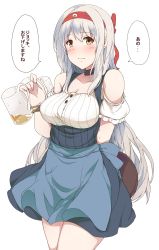 Rule 34 | 10s, 1girl, alcohol, alternate costume, apron, bad id, bad pixiv id, beer, beer mug, blue apron, blush, breasts, brown eyes, choker, collarbone, cup, dirndl, german clothes, headband, highres, kantai collection, large breasts, long hair, mug, shoukaku (kancolle), simple background, solo, speech bubble, suisen toire (moko924), translated, white background, white hair