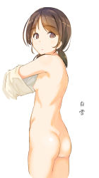 Rule 34 | 10s, 1girl, ass, back, brown eyes, brown hair, character name, flat chest, highres, kanamura will, kantai collection, looking back, nipples, nude, shirayuki (kancolle), short hair, simple background, solo, twintails, undressing, white background