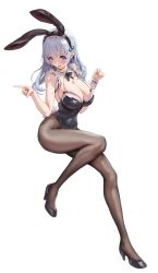 Rule 34 | 1girl, absurdres, animal ears, azur lane, bare shoulders, black footwear, black hairband, black pantyhose, blush, breasts, brown pantyhose, cleavage, covered navel, detached collar, dido (azur lane), earrings, fake animal ears, full body, hairband, high heels, highres, jewelry, large breasts, leotard, long hair, looking at viewer, muloli, open mouth, pantyhose, playboy bunny, purple eyes, rabbit ears, rabbit tail, silver hair, simple background, skindentation, solo, tail, white background