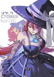 1girl ahoge blue_fire breasts colored_inner_hair elizabeth_rose_bloodflame fire halloween halloween_costume hat highres hololive hololive_english huge_ahoge long_hair looking_at_viewer multicolored_hair open_mouth red_eyes red_hair set7 smile very_long_hair virtual_youtuber witch witch_hat