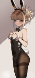 Rule 34 | 1girl, absurdres, animal ears, bags under eyes, bare shoulders, black bow, black bowtie, black leotard, black pantyhose, blonde hair, blush, boku no hero academia, bow, bowtie, breasts, closed mouth, cowboy shot, detached collar, fake animal ears, fake tail, from side, hands on own chest, hands up, highres, leotard, looking at viewer, medium breasts, messy hair, pantyhose, playboy bunny, rabbit ears, rabbit tail, sidelighting, slit pupils, solo, standing, strapless, strapless leotard, tail, thighband pantyhose, toga himiko, traditional bowtie, twisted torso, wrist cuffs, yellow eyes, zd (pixiv6210083)