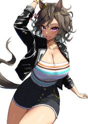 Rule 34 | 1girl, :d, absurdres, animal ears, arm up, azuki (azuki azukki), black jacket, black shorts, breasts, cleavage, commentary request, cowboy shot, cutoffs, grey hair, highres, horse ears, jacket, large breasts, long sleeves, looking at viewer, open mouth, partial commentary, purple eyes, shirt, short hair, short shorts, shorts, simple background, smile, solo, standing, striped clothes, striped shirt, tap dance city (umamusume), thighs, umamusume, white background