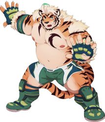 Rule 34 | 1boy, animal ears, bara, bare pectorals, belly, blue eyes, bulge, estper, fat, fat man, fingerless gloves, fingernails, full body, furry, furry male, gloves, green shorts, hombre tigre (housamo), large pectorals, male focus, muscular, muscular male, navel, nipples, orange fur, pectorals, sharp fingernails, short hair, shorts, slime (substance), smile, solo, stomach, sumo, thick eyebrows, thick thighs, thighs, tiger boy, tiger ears, tiger stripes, tokyo houkago summoners, white background, white hair, wrestling outfit