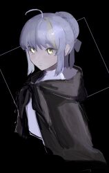 Rule 34 | 1girl, absurdres, ahoge, black background, black capelet, braid, capelet, closed mouth, cropped torso, fate (series), frown, gray (fate), grey hair, hair bun, highres, hood, hooded capelet, looking ahead, looking at viewer, multicolored hair, shirt, solo, streaked hair, tokoni fusu, white shirt, yellow eyes