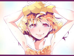 Rule 34 | 1girl, armpits, arms up, blush, bow, bowtie, braid, closed mouth, commentary request, earrings, fingerless gloves, floating hair, gloves, hair between eyes, highres, idol, idol clothes, jewelry, kashikaze, letterboxed, looking at viewer, love live!, love live! sunshine!!, orange bow, orange bowtie, orange hair, red eyes, short hair, side braid, simple background, solo, stud earrings, takami chika, tears, upper body, white background, yellow gloves