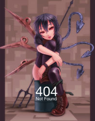 Rule 34 | 1girl, 404, asymmetrical wings, bad id, bad pixiv id, barrel, black hair, black thighhighs, boots, cross-laced footwear, drum (container), error message, female focus, highres, houjuu nue, http status code, kurione (zassou), lace-up boots, no panties, polearm, red eyes, short hair, sitting, solo, spear, thighhighs, tongue, tongue out, touhou, trident, weapon, wings, zettai ryouiki