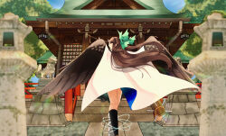 Rule 34 | 1girl, absurdres, asymmetrical footwear, bird wings, blue sky, bow, brown hair, brown wings, cape, commentary request, control rod, cosmos 0131, day, frilled skirt, frills, from behind, green bow, green skirt, gutter, hair bow, highres, komainu, lantern, long hair, looking to the side, mismatched footwear, paper lantern, red eyes, reiuji utsuho, shrine, sidelocks, skirt, sky, solo, stairs, starry sky print, stone lantern, touhou, tree, walking, white cape, wings