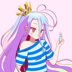 Rule 34 | 10s, 1girl, absurdres, blue shirt, enlay, female focus, highres, long hair, no game no life, shiro (no game no life), shirt, simple background, solo, upper body