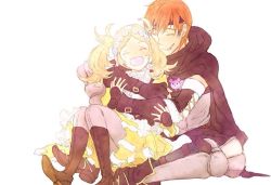 Rule 34 | 1boy, 1girl, ^ ^, bad id, bad twitter id, blonde hair, boots, candy, cape, closed eyes, couple, curly hair, european clothes, fire emblem, fire emblem awakening, food, food in mouth, gaius (fire emblem), lissa (fire emblem), lollipop, nintendo, orange hair, simple background, sitting, smile, tickling, white background