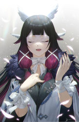 Rule 34 | 1girl, absurdres, bandaged wrist, bandages, black hair, bow, bowtie, closed eyes, coat, columbina (genshin impact), eye mask, falling feathers, feathers, fur-trimmed coat, fur trim, genshin impact, hair over shoulder, hands up, head wings, highres, linreplica, long hair, multicolored hair, open mouth, red hair, smile, solo, two-tone hair, white bow, white bowtie, white coat, white mask, wing hair ornament, wings