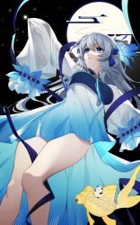 Rule 34 | 1girl, absurdres, arknights, bare legs, blue dress, blue eyes, blue ribbon, breasts, dress, egasumi, feather hair, feet out of frame, fish, from below, full moon, grey hair, hair ribbon, highres, kasasasagi, large breasts, long hair, long sleeves, looking away, looking up, moon, mulberry (arknights), mulberry (reflection that of the moons) (arknights), official alternate costume, parted lips, ribbon, see-through, sleeves past fingers, sleeves past wrists, solo, very long hair