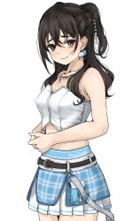Rule 34 | 1girl, belt buckle, black hair, blue skirt, blush, breasts, buckle, chain, chain necklace, cleavage, collarbone, cropped shirt, crossed bangs, gatsby ssl, hair between eyes, highres, idolmaster, idolmaster cinderella girls, jewelry, looking at viewer, medium breasts, midriff, mole, mole under eye, necklace, own hands together, pointy breasts, shirt, simple background, skirt, solo, strapless, strapless shirt, sunazuka akira, white background