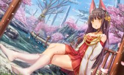 Rule 34 | 1girl, :o, animal ear fluff, animal ears, architecture, azur lane, bare shoulders, bare tree, black hair, blue sky, blush, cherry blossoms, choker, collarbone, commentary request, crossed legs, day, dress, dutch angle, east asian architecture, hair ornament, highres, kneehighs, long hair, long sleeves, looking at viewer, nagato (azur lane), no shoes, off shoulder, outdoors, parted lips, petals, pleated dress, red dress, rock, shrine, sidelocks, sitting, sky, socks, solo, thighs, tree, water, white socks, yellow eyes, yu ni t