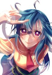 Rule 34 | 1girl, ado (utaite), ahoge, bandaged hand, bandages, blue hair, blush, closed mouth, cloud nine inc, collared shirt, commentary request, hair between eyes, hand up, highres, long hair, looking at viewer, nail polish, necktie, orange nails, orange shirt, purple eyes, red necktie, shading face, shirt, simple background, solo, spica (spica5f9ea0), white background