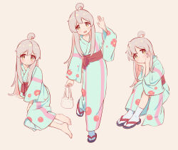 Rule 34 | 1girl, :d, ahoge, bag, barefoot, blue kimono, chinese commentary, commentary request, feet, floral print, full body, grey hair, hands on own cheeks, hands on own face, highres, japanese clothes, kimono, long hair, long sleeves, looking at viewer, multicolored hair, multiple views, onii-chan wa oshimai!, open mouth, oyama mahiro, pink hair, print kimono, sandals, sash, simple background, sitting, smile, socks, standing, two-tone hair, waving, white socks, wide sleeves, yokozuwari, ziyan yi, zouri