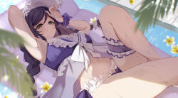 1girl :o arm_behind_head armpits bikini blurry blush braid breasts bridal_garter day depth_of_field dot_nose flower frilled_bikini frilled_cuffs frilled_garter frills from_above green_eyes hand_up hat highres knee_up large_breasts long_hair looking_at_viewer love_live! love_live!_school_idol_project lying navel on_back outdoors pool pukonuu purple_bikini purple_hair sidelocks swimsuit tojo_nozomi twin_braids water wet white_flower white_hat wrist_cuffs