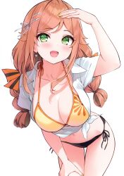 Rule 34 | 1girl, absurdres, bikini, blush, breasts, brown hair, cleavage, collarbone, earrings, fingernails, green eyes, hair ornament, hairclip, hand up, highres, hisen kaede, jewelry, leaning forward, long hair, looking at viewer, low twintails, medium breasts, nail polish, navel, original, scan, shadow, shirt, short sleeves, side-tie bikini bottom, simple background, smile, solo, stomach, swimsuit, thighs, tojo senri (hisen kaede), twintails, white background, white shirt, yellow nails