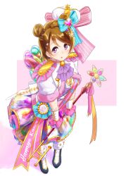 Rule 34 | 1girl, absurdres, alternate hairstyle, aqua bow, artist name, artist request, back bow, bare legs, black footwear, blush, boots, bow, breasts, bridal garter, brown hair, cleavage, colorful festival (love live!), cross-laced clothes, cross-laced dress, crown, detached collar, double bun, double horizontal stripe, dress, earrings, epaulettes, female focus, frilled dress, frills, full body, fur-trimmed boots, fur-trimmed dress, fur-trimmed footwear, fur-trimmed jacket, fur-trimmed skirt, fur trim, gem, hair between eyes, hair bow, hair bun, hair ornament, heart, heart (symbol), heart earrings, heart print, high heel boots, high heels, highres, holding, holding key, jacket, jewelry, key, koizumi hanayo, legwear garter, looking at viewer, love live!, love live! school idol festival, love live! school idol festival all stars, love live! school idol project, medium breasts, miniskirt, neckerchief, parted lips, pearl (gemstone), pink bow, plaid, plaid dress, plaid skirt, pleated, pleated dress, pleated skirt, purple eyes, purple neckerchief, rainbow skirt, sash, short hair, short sleeves, single legwear garter, skirt, smile, solo, sparkle hair ornament, standing, star (symbol), star print, striped, striped bow, white background, white bow, white detached collar, white dress, white jacket, white sleeves
