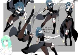 Rule 34 | 1girl, black shorts, blue eyes, blue hair, boots, breasts, brown pantyhose, byleth (female) (fire emblem), byleth (fire emblem), cleavage, closed mouth, clothing cutout, fire emblem, fire emblem: three houses, from side, green eyes, green hair, hair between eyes, high heel boots, high heels, highres, holding, ijiro suika, large breasts, looking to the side, multiple views, navel, navel cutout, nintendo, pantyhose, pantyhose under shorts, polearm, short shorts, shorts, simple background, twitter username, weapon