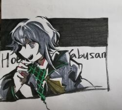 Rule 34 | 1other, androgynous, ascot, character name, cocopalm, grey eyes, grey hair, grey jacket, hand up, highres, houlen yabusame, jacket, layered sleeves, len&#039;en, long sleeves, marker (medium), open mouth, other focus, pale skin, puffy short sleeves, puffy sleeves, short hair with long locks, short over long sleeves, short sleeves, smile, solo, traditional media, yellow ascot