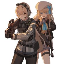 Rule 34 | 2girls, absurdres, aiming, assault rifle, beret, black pantyhose, blonde hair, blue eyes, blue ribbon, bulletproof vest, bullpup, commentary, counter-strike (series), counter-strike 2, cowboy shot, english commentary, frown, fur collar, gar32, gauze, girls&#039; frontline, girls&#039; frontline 2: exilium, gloves, gun, hair between eyes, hat, headset, highres, holding, holding gun, holding weapon, load bearing vest, long sleeves, looking away, magazine (weapon), multiple girls, muzzle device, neck ribbon, one side up, open mouth, ots-14 (girls&#039; frontline), ots-14 groza, pantyhose, parody, plaid, plaid skirt, pouch, ribbon, rifle, sailor collar, shirt, short hair, shotgun, side ponytail, skirt, smoke grenade, standing, striped clothes, striped shirt, tactical clothes, thigh pouch, vepley (girls&#039; frontline 2), vepr-12, vertical foregrip, vest, weapon, white background, white headwear, yellow eyes, yellow vest