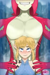 Rule 34 | absurdres, blonde hair, blue dress, blue eyes, dress, height difference, highres, link, male focus, nintendo, non-web source, pointy ears, sidon, the legend of zelda, the legend of zelda: tears of the kingdom, water, waterfall, wet, xatoo