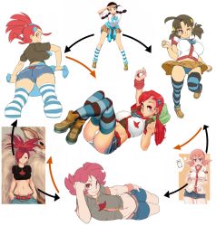 Rule 34 | 6+girls, ahoge, alternate hair color, angry, ankle boots, arcanine, ass, bad id, bad tumblr id, belt, blue panties, blue socks, blue thighhighs, boots, bottle, breasts, brown hair, cameltoe, candice (pokemon), chimerism, clothes around waist, creatures (company), cropped legs, crossed ankles, denim, denim shorts, female focus, flannery (pokemon), flat color, from behind, full body, fusion, game freak, gen 1 pokemon, gonzozeppeli, groin, gym leader, hair bun, hair ornament, hairclip, happy, hexafusion, huge breasts, kneepits, knees, large breasts, legs, loafers, long hair, lying, midriff, milk, miniskirt, multiple girls, navel, nintendo, on back, on side, one eye closed, panties, pantyshot, pillow, pink eyes, pink hair, poke ball, poke ball (basic), pokemon, pokemon (creature), red eyes, red hair, revision, shirt, shoes, short hair, shorts, sideboob, simple background, skirt, smile, socks, standing, striped clothes, striped legwear, striped thighhighs, sweater, sweater around waist, template, thighhighs, twintails, underwear, white background, white panties, whitney (pokemon), wide hips, wink, worried, wristband