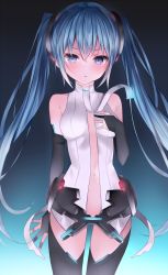 Rule 34 | 1girl, black background, black gloves, black thighhighs, blue background, blue eyes, blue hair, breasts, commentary request, eyebrows hidden by hair, gloves, gradient background, hair between eyes, hand up, hatsune miku, hatsune miku (append), highres, komomo (ptkrx), long hair, looking at viewer, navel, parted lips, partially fingerless gloves, shirt, sleeveless, sleeveless shirt, small breasts, solo, thighhighs, twintails, very long hair, vocaloid, vocaloid append, white shirt