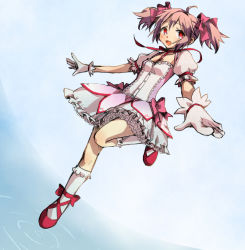 Rule 34 | 10s, 1girl, bow, bubble skirt, gloves, hair bow, kaname madoka, magical girl, mahou shoujo madoka magica, mahou shoujo madoka magica (anime), mironomeo, pink eyes, pink hair, shoes, short twintails, skirt, smile, solo, twintails, water, white gloves, white legwear