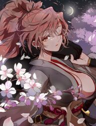 Rule 34 | 1girl, almic1135, amputee, baiken, blurry, blurry background, breasts, cherry blossoms, cleavage, coat, crescent moon, guilty gear, high ponytail, highres, holding, holding clothes, holding coat, japanese clothes, kimono, large breasts, long hair, looking at viewer, moon, night, one eye closed, petals, pink hair, red eyes, scar, scar across eye, solo