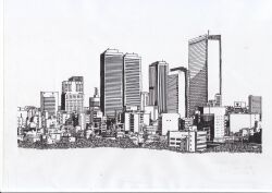 Rule 34 | absurdres, building, city, completion time, ebichiri (user seat8284), greyscale, highres, ink (medium), monochrome, no humans, original, scenery, shadow, skyline, skyscraper, traditional media, white background