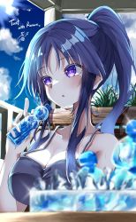 Rule 34 | 1girl, absurdres, alternate hairstyle, artist name, assault lily, bare arms, bare shoulders, bench, black camisole, blue sky, blurry, blurry foreground, blush, bottle, breasts, camisole, cleavage, cloud, collarbone, commentary request, day, glint, hand up, highres, holding, holding bottle, large breasts, long hair, looking away, looking to the side, outdoors, parted lips, plant, purple eyes, purple hair, ramune, shirai yuyu, sidelocks, signature, sky, solo, spaghetti strap, sweat, table, upper body, veranda, ya-man