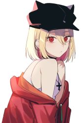 Rule 34 | 1girl, ashizawa saki, bare shoulders, blonde hair, choker, clothes pull, cross, cross necklace, from side, hair between eyes, hat, jacket, jacket pull, jewelry, looking at viewer, medium hair, necklace, red eyes, red jacket, riot music, shirt, simple background, sleeveless, sleeveless shirt, solo, upper body, virtual youtuber, white background, white shirt, yamada chickenko