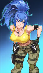 Rule 34 | 1girl, arm pouch, blue eyes, blue hair, breasts, camouflage, camouflage pants, cargo pants, cleavage, dog tags, earrings, gloves, hand on own hip, jewelry, large breasts, leaning forward, leona heidern, midriff, navel, pants, ponytail, smile, soldier, solo, tank top, the king of fighters, the king of fighters xv, triangle earrings, yellow tank top, yukinoshinf
