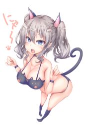 Rule 34 | 1girl, animal ears, black socks, blue eyes, blush, breasts, cat cutout, cat ears, cat lingerie, cat tail, cleavage, clothing cutout, hair between eyes, highres, kantai collection, kashima (kancolle), large breasts, lingerie, long hair, looking at viewer, meme attire, navel, open mouth, silver hair, simple background, smile, socks, solo, tail, twintails, underwear, wavy hair, white background, yotunoha