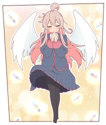 Rule 34 | 1girl, :&gt;, ahoge, angel, angel wings, black jacket, black pantyhose, black skirt, border, bottle, closed eyes, commentary, full body, goron (phde2424), hair between eyes, highres, jacket, light blush, long hair, long sleeves, no shoes, onii-chan wa oshimai!, outline, outside border, own hands clasped, own hands together, oyama mahiro, pantyhose, pink hair, pleated skirt, school uniform, simple background, skirt, smile, solo, very long hair, white border, white outline, wings