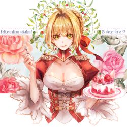 Rule 34 | 1girl, ahoge, blonde hair, braid, breasts, byuura (sonofelice), cake, cleavage, cleavage cutout, clothing cutout, corset, dated, dress, epaulettes, fate/grand order, fate (series), flower, food, fork, french braid, green eyes, hair intakes, hair ribbon, holding, holding plate, large breasts, latin text, licking lips, nero claudius (fate), nero claudius (fate) (all), nero claudius (fate/extra), pink flower, pink rose, plate, red dress, red ribbon, ribbon, rose, solo, tongue, tongue out, upper body, wide sleeves