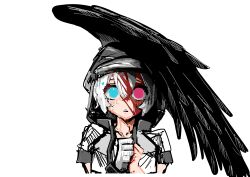 Rule 34 | 1girl, absurdres, alternate eye color, black wings, blood, blood on face, commentary request, cropped torso, crying, crying with eyes open, feathered wings, frown, gloves, grey gloves, grey hood, heterochromia, highres, hood, hood up, hooded jacket, jacket, looking at viewer, mochiko-san (voicevox), open mouth, own hands together, pink eyes, puchu, short sleeves, simple background, single empty eye, single glove, single wing, solo, straight-on, tears, teeth, upper teeth only, voicevox, white background, white hair, white jacket, wing umbrella, wings