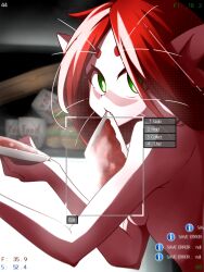 Rule 34 | absurdres, alien, breasts, burger, cat girl, completely nude, fang, food, gezelle 2045, green eyes, highres, long hair, looking at viewer, meat, medium breasts, mouth hold, nude, pale skin, parted bangs, pointy ears, red hair, upper body, user interface, voices of the void