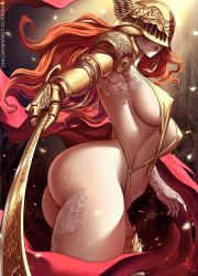 Rule 34 | 1girl, arimatang, ass, breasts, cape, closed mouth, covered eyes, elden ring, helmet, holding, holding sword, holding weapon, long hair, malenia blade of miquella, mechanical arms, prosthesis, prosthetic arm, prosthetic leg, red cape, red hair, scar, simple background, single mechanical arm, solo, swimsuit, sword, very long hair, weapon, winged helmet
