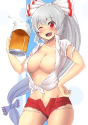 Rule 34 | 1girl, alcohol, areola slip, beer, beer mug, blouse, breasts, cowboy shot, cup, fujiwara no mokou, hair ribbon, hand on own hip, highres, hitotsuki nebura, large breasts, long hair, mug, multi-tied hair, no bra, one eye closed, open clothes, open shirt, red eyes, ribbon, shirt, short shorts, shorts, silver hair, simple background, smile, solo, standing, tagme, thighs, torn clothes, torn sleeves, touhou, very long hair, white shirt, wink