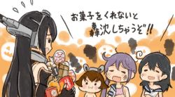 Rule 34 | 4girls, ahoge, akebono (kancolle), arm guards, black hair, blush stickers, brown hair, camisole, candy, comic, commentary request, fingerless gloves, food, gloves, headgear, kantai collection, lollipop, long hair, multiple girls, nagato (kancolle), open mouth, pout, purple hair, saiguchi otoufu, sailor collar, sailor shirt, shirt, short hair, short sleeves, side ponytail, sidelocks, smoke, torn clothes, torn shirt, translation request, ushio (kancolle), yukikaze (kancolle)