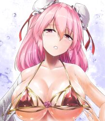 Rule 34 | 1girl, bandaged arm, bandages, bikini, bikini pull, blush, breasts, bun cover, cleavage, clothes pull, collarbone, commentary request, double bun, flower, hair between eyes, hair bun, hat, ibaraki kasen, large breasts, looking at viewer, medium hair, mob cap, open mouth, pink eyes, pink flower, pink hair, pulling own clothes, red bikini, short hair, solo, swimsuit, touhou, y2