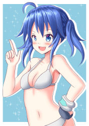 Rule 34 | 1girl, ahoge, bare shoulders, bikini, black gloves, blue background, blue eyes, blue hair, blush, breasts, cleavage, commentary request, fingerless gloves, gloves, hair between eyes, hand on own hip, hand up, index finger raised, medium breasts, navel, original, outline, prophosphere, single glove, solo, sparkle, swimsuit, twintails, two-tone background, white background, white bikini, white outline