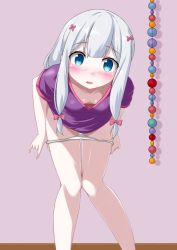 Rule 34 | 10s, 1girl, bent over, blouse, blue eyes, blush, bow, breasts, cleavage, downblouse, eromanga sensei, extended downblouse, hair bow, hair ornament, highres, izumi sagiri, kaze makase, long hair, looking at viewer, no bra, no pants, open mouth, panties, purple shirt, shadow, shirt, silver hair, small breasts, solo, standing, thighs, underwear, undressing, white panties