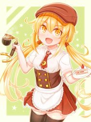 Rule 34 | 1girl, alternate costume, apron, black thighhighs, blonde hair, blush, breasts, brown hat, brown skirt, cake, commission, crescent, food, green background, hair between eyes, hat, highres, holding, holding plate, kantai collection, long hair, low twintails, open mouth, plate, satsuki (kancolle), shirt, simple background, skeb commission, skirt, small breasts, solo, suzushiro (gripen39), thighhighs, twintails, uniform, waist apron, white apron, white shirt, yellow eyes