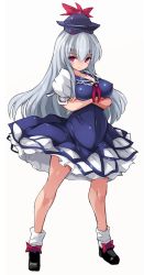 Rule 34 | 1girl, black footwear, blue dress, blue hair, blue headwear, blue skirt, bobby socks, bow, breasts, collared dress, commentary request, covered erect nipples, covered navel, dress, footwear bow, highres, kamishirasawa keine, karukan (monjya), large breasts, long hair, neckerchief, puffy short sleeves, puffy sleeves, red bow, red eyes, red neckerchief, shoes, short sleeves, sidelocks, skirt, socks, solo, touhou