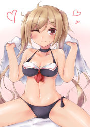Rule 34 | 1girl, ;d, asake ameji, bikini, black bikini, blush, breasts, cleavage, collar, collarbone, heart, kantai collection, light brown hair, looking at viewer, medium breasts, murasame (kancolle), navel, one eye closed, pink background, red eyes, sitting, smile, solo, spread legs, swimsuit, tongue, tongue out, towel, twintails