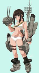 Rule 34 | 1girl, adapted turret, black hair, blush, bra, breasts, cannon, dd (ijigendd), fubuki (kancolle), full body, green eyes, highres, kantai collection, looking at viewer, low ponytail, one-open mouth, panties, ponytail, revision, rigging, short ponytail, sidelocks, small breasts, smokestack, solo, standing, torpedo, torpedo launcher, torpedo tubes, underwear, underwear only, white bra, white panties